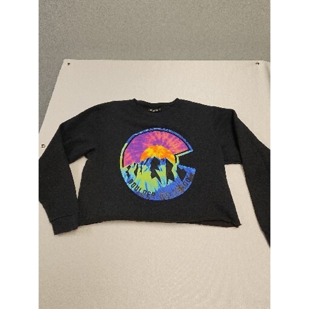 Burnside Colorado Mountain Sunset Tie Dye Graphic Raw Hem Cropped Sweatshirt